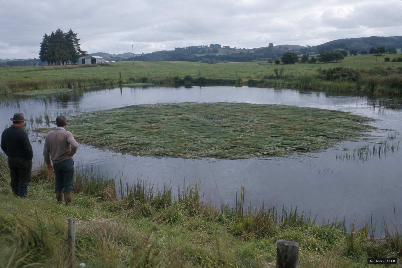 Reeds pressed into a circle on Charles Blackmore's duck pond at Puketutu