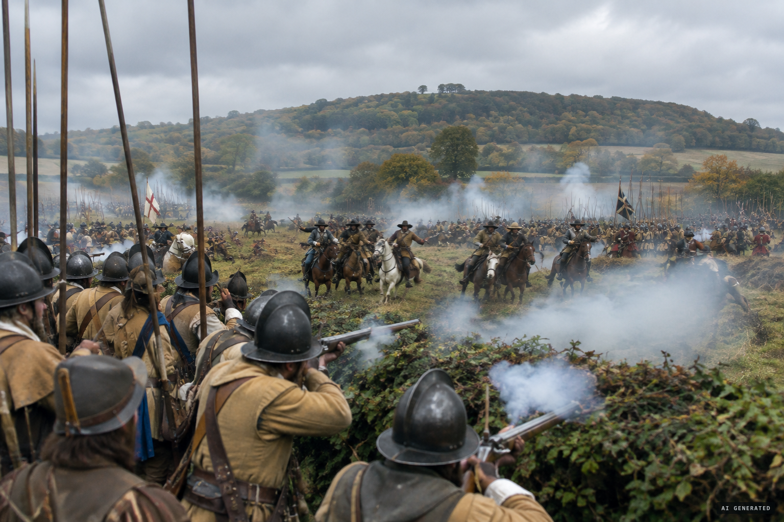 The Battle of Edgehill, first major pitched battle of the English Civil War, 23 October 1642
