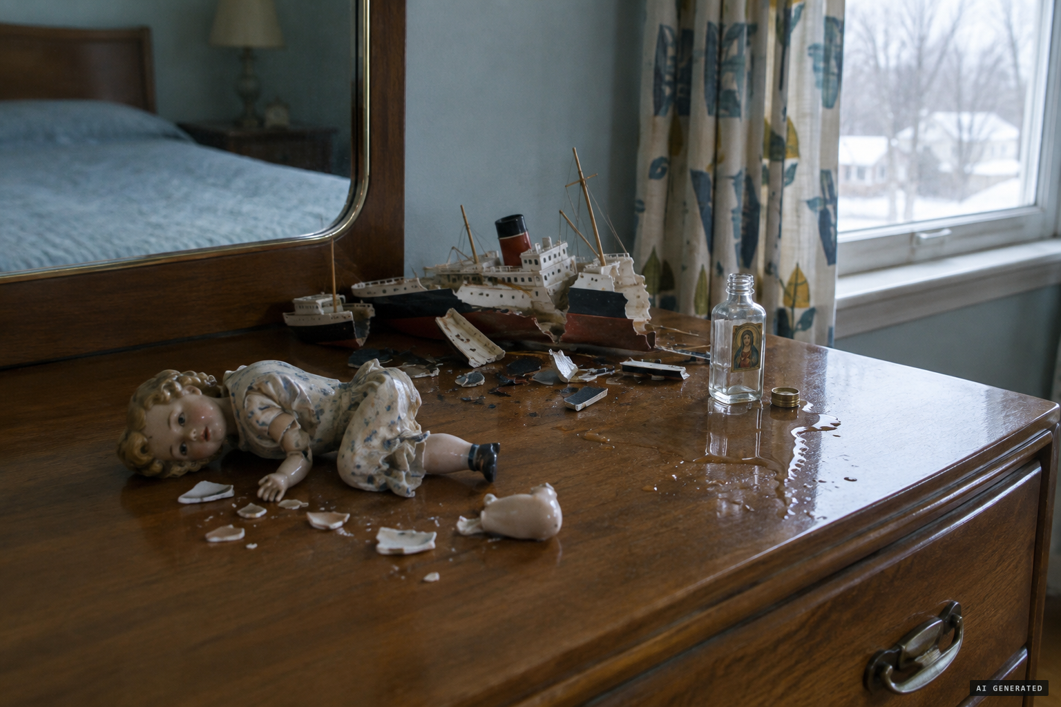 The broken doll, ship model and spilled holy water bottle on the dressers, February 3