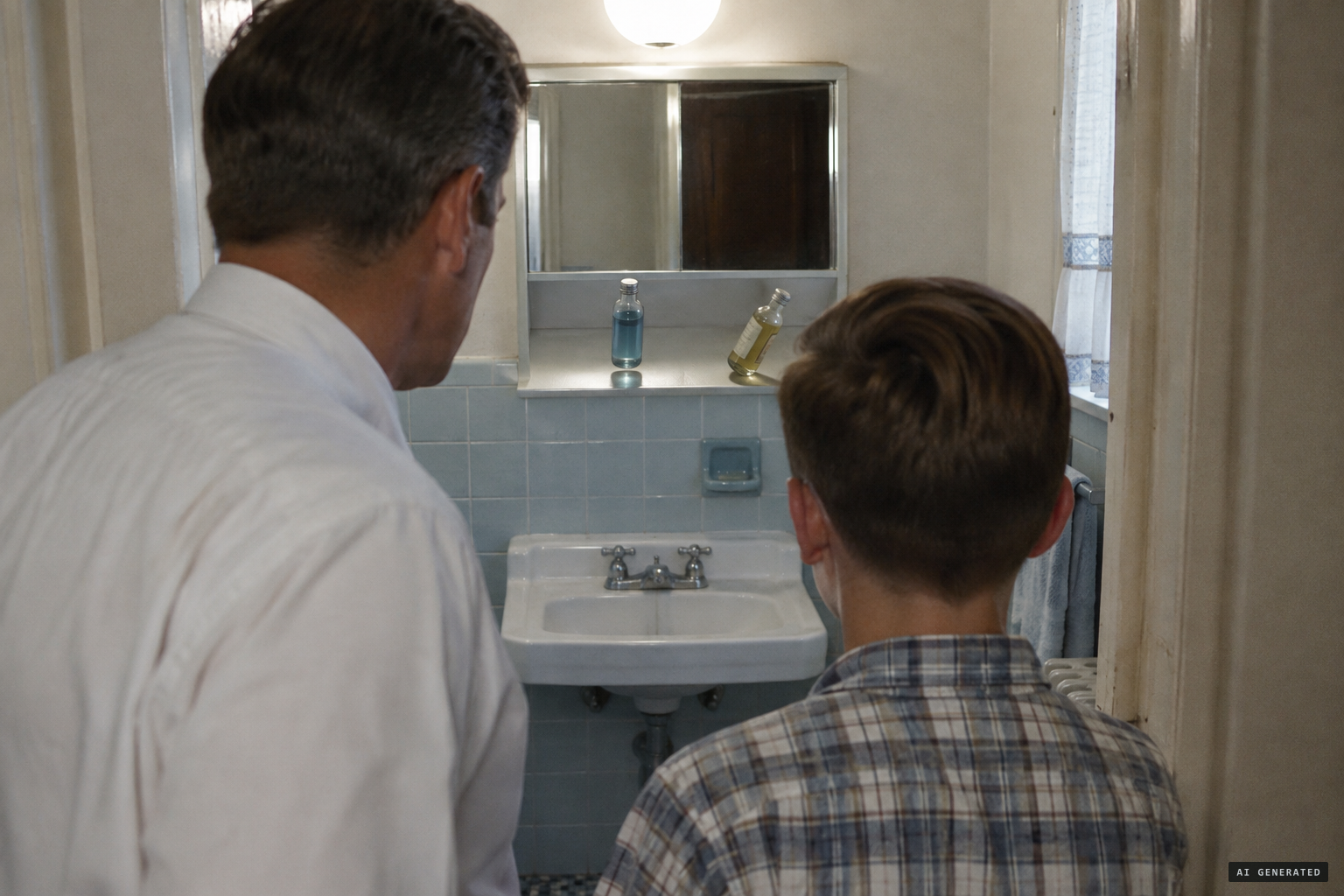 Mr. Herrmann and Jimmy watch two bottles move in the bathroom, February 9