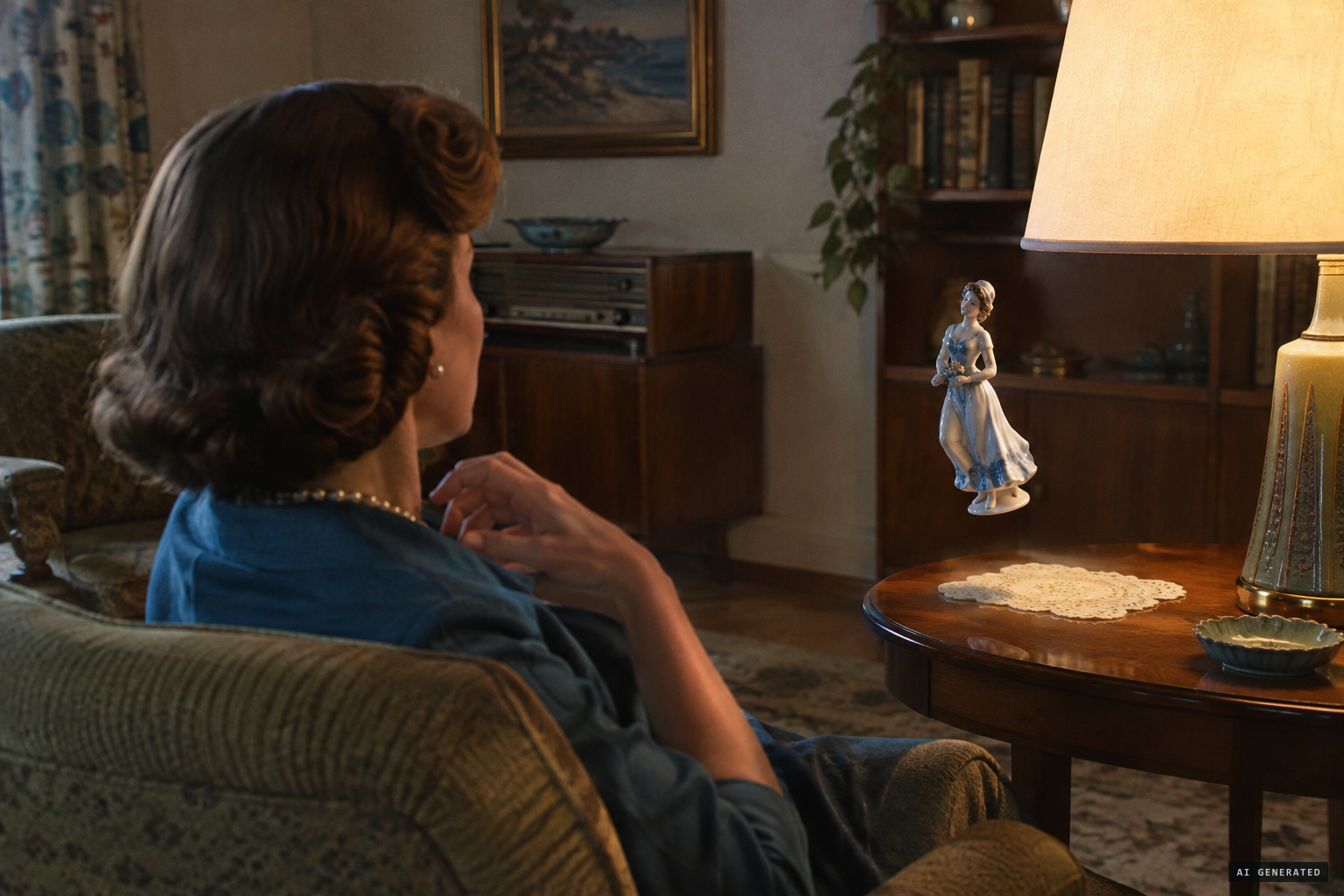 Cousin Marie Murtha watches a porcelain figurine wiggle and fly, February 15