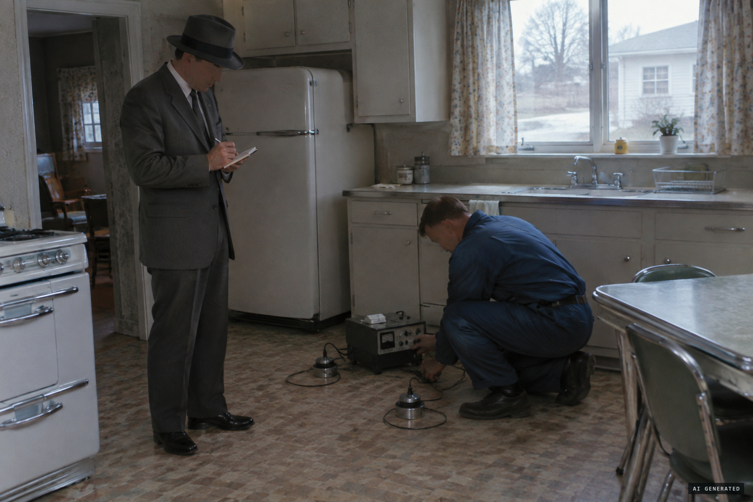 Detective Tozzi and utility company testers search the house for a cause