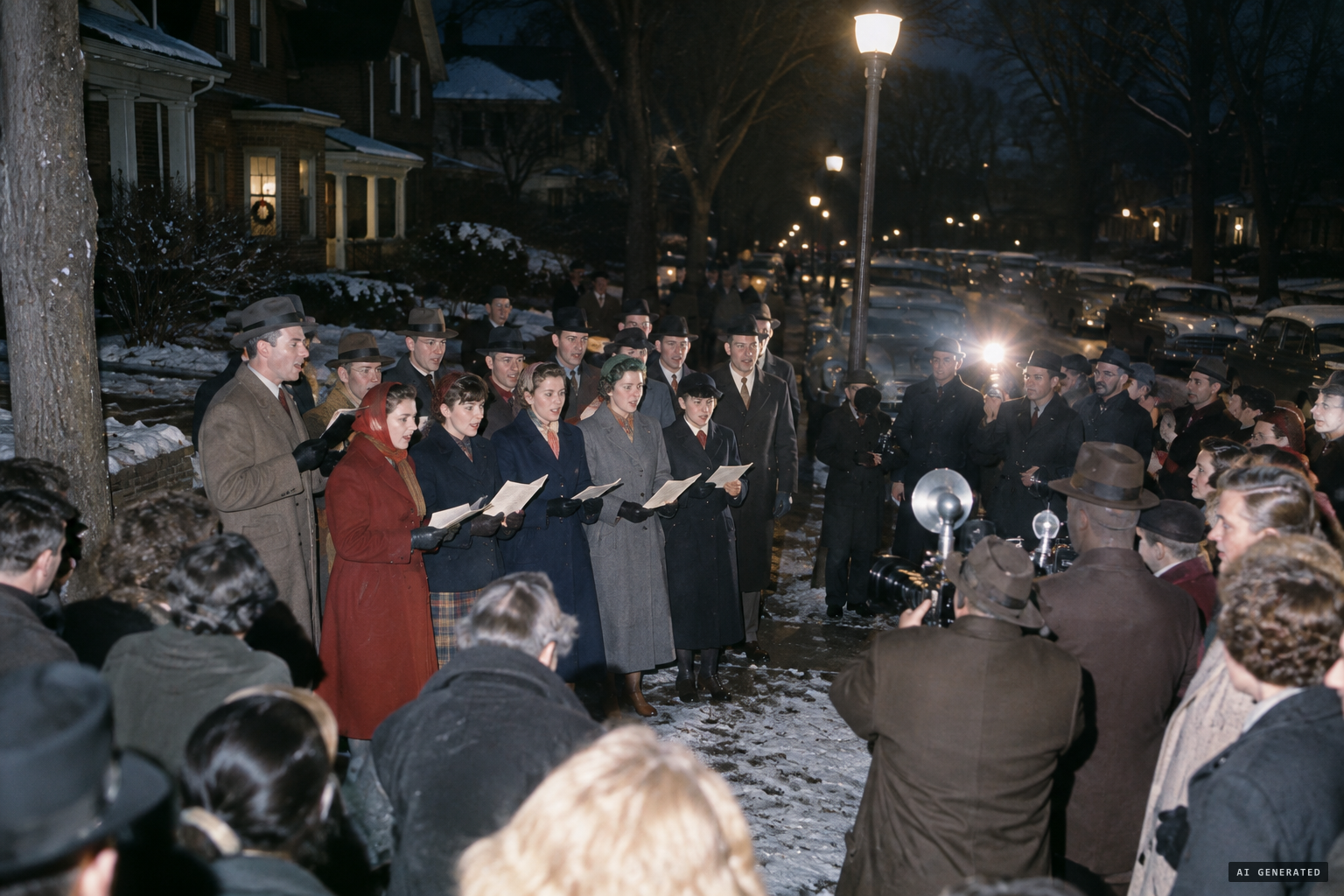 Believers sing carols in the street, awaiting the Christmas Eve pickup
