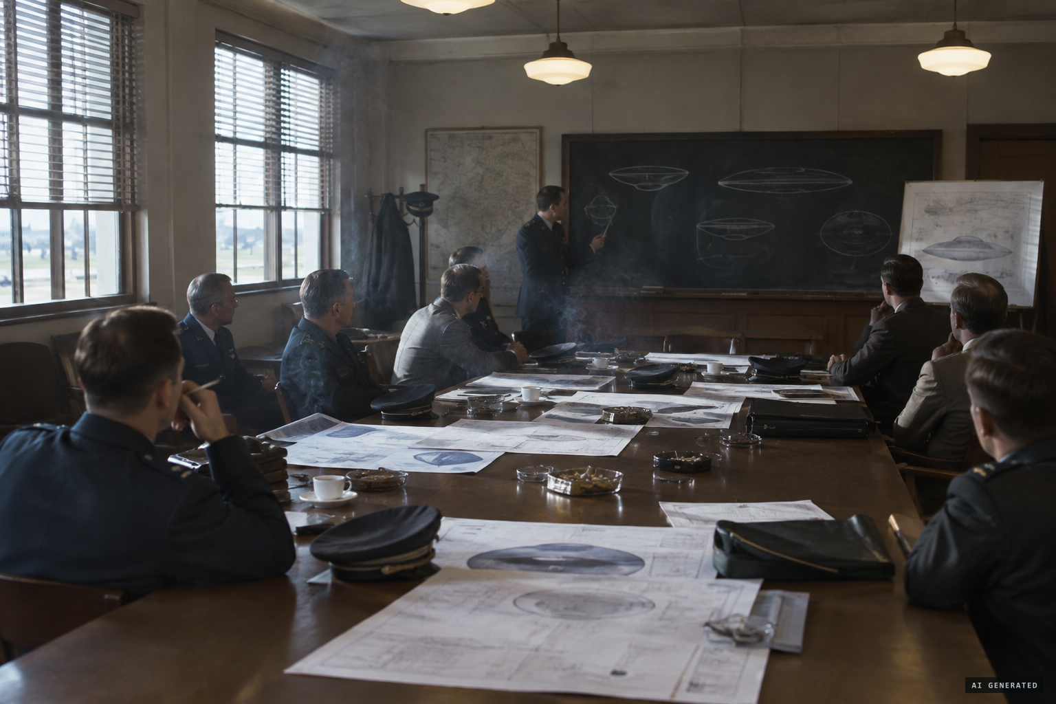 Technical staff confer on the flying disc reports