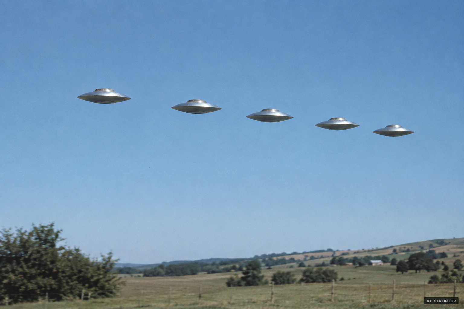 Metallic discs, flat on the bottom and domed on top, fly level in formation