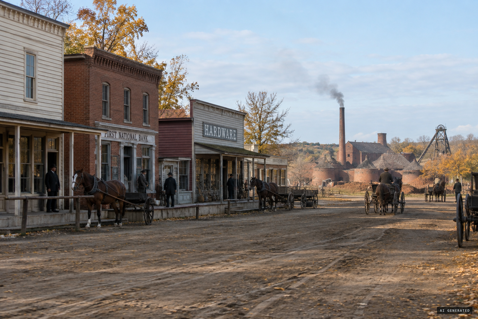 Van Meter's Main Street and the brick plant near the old mine shaft, autumn 1903