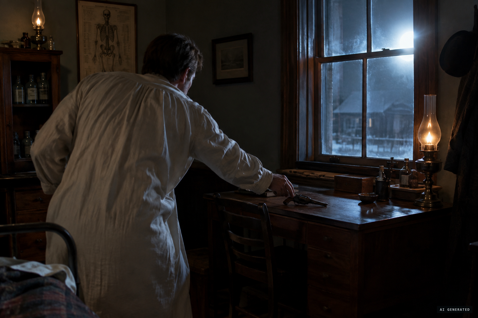 Dr. Alcott wakes to light shining through his office window