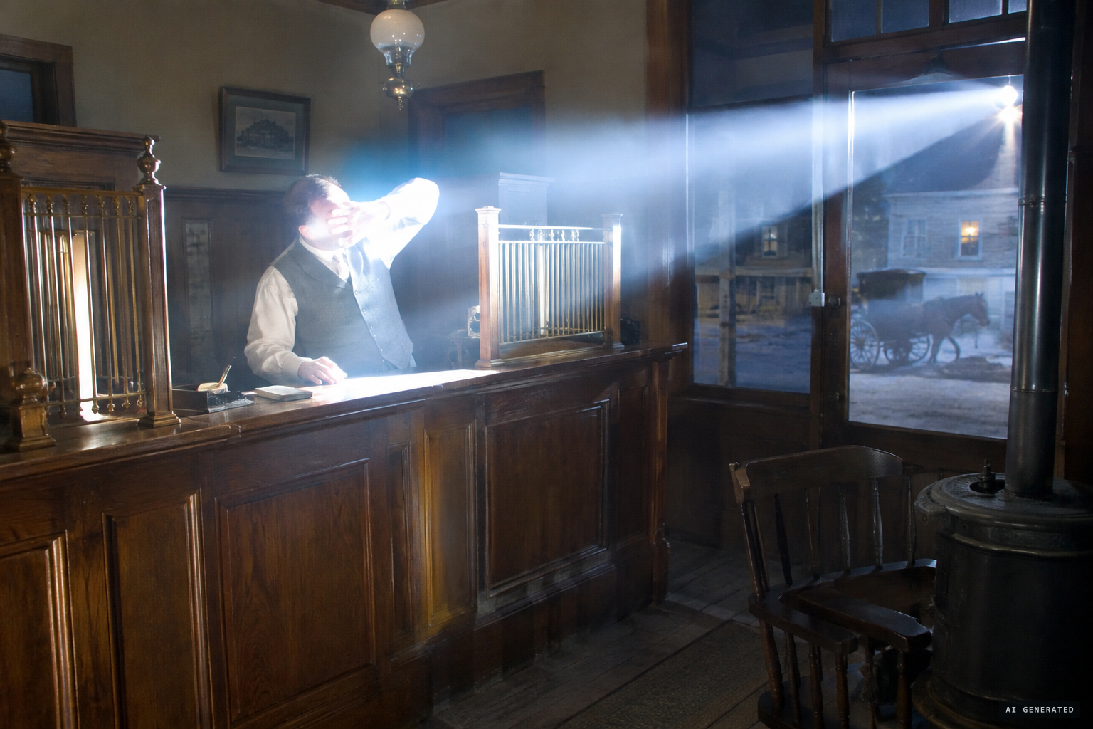 The bank cashier is hit in the face by a blinding beam