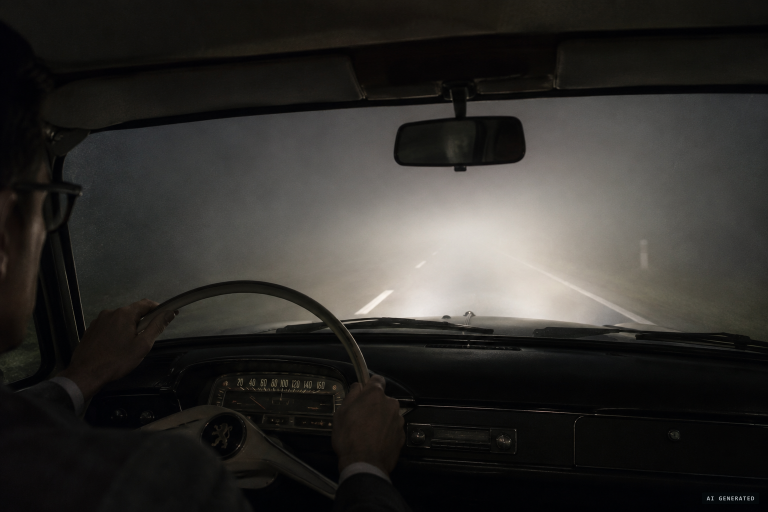 A dense white fog materializes suddenly before the car on Route 2