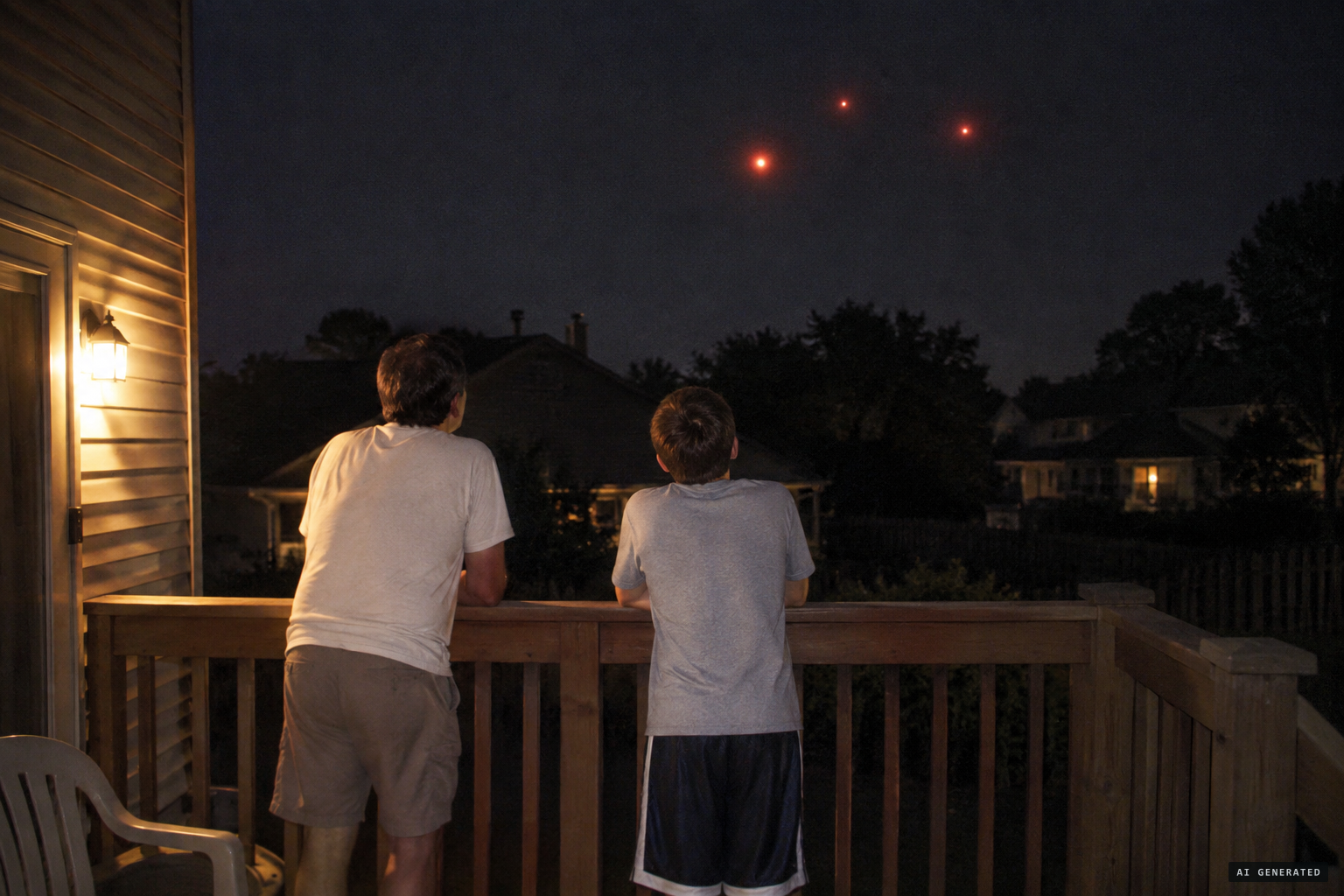 Bob Peterson and his son Tyler see three silent red lights from their back deck