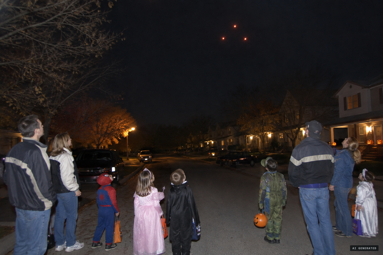 Blocks of trick-or-treaters stop to watch the lights return, October 31, 2004