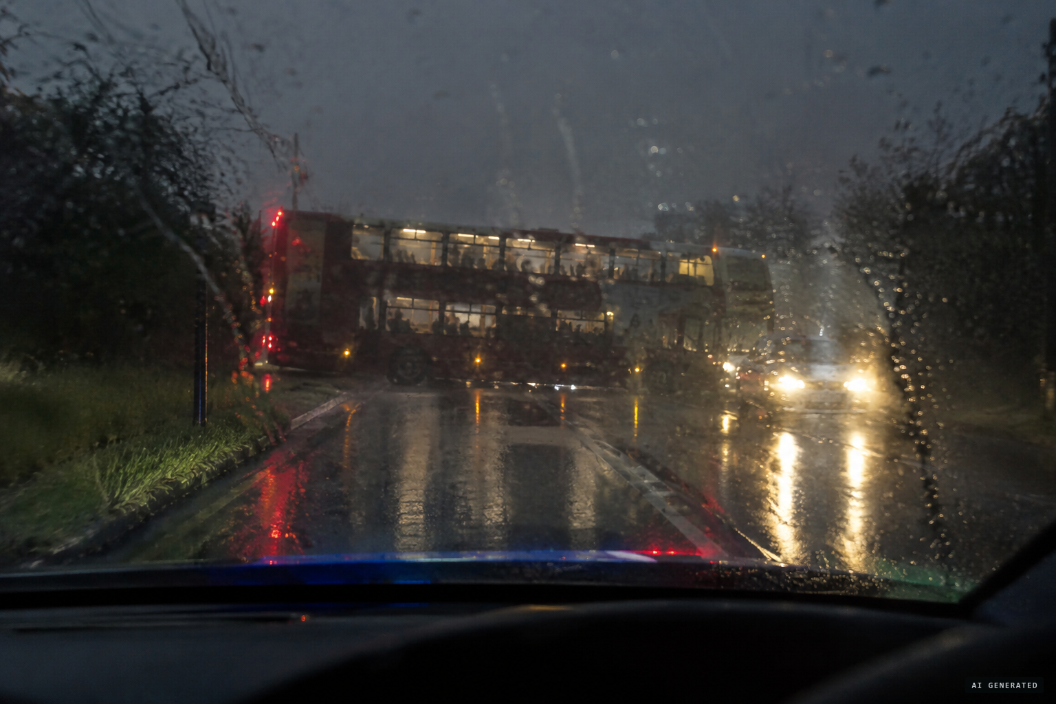 Something straddles the road ahead, and at first it looks like a bus