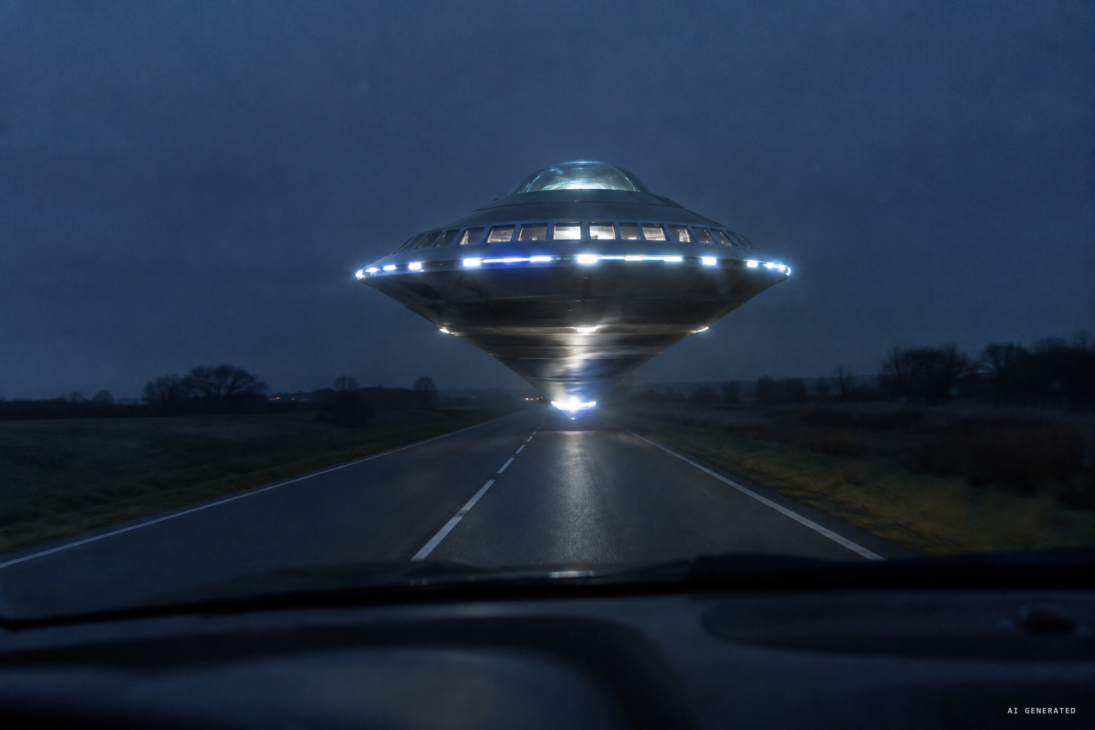 A diamond-shaped craft with a dome, windows and a rotating lower half hovers over the road
