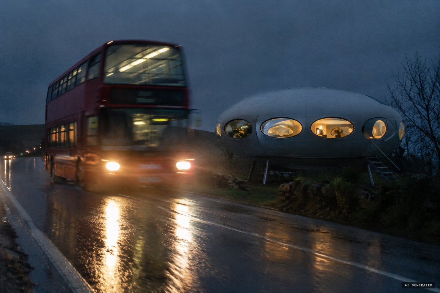 One theory: a tired officer blended a real bus with Todmorden's UFO-shaped Futuro house
