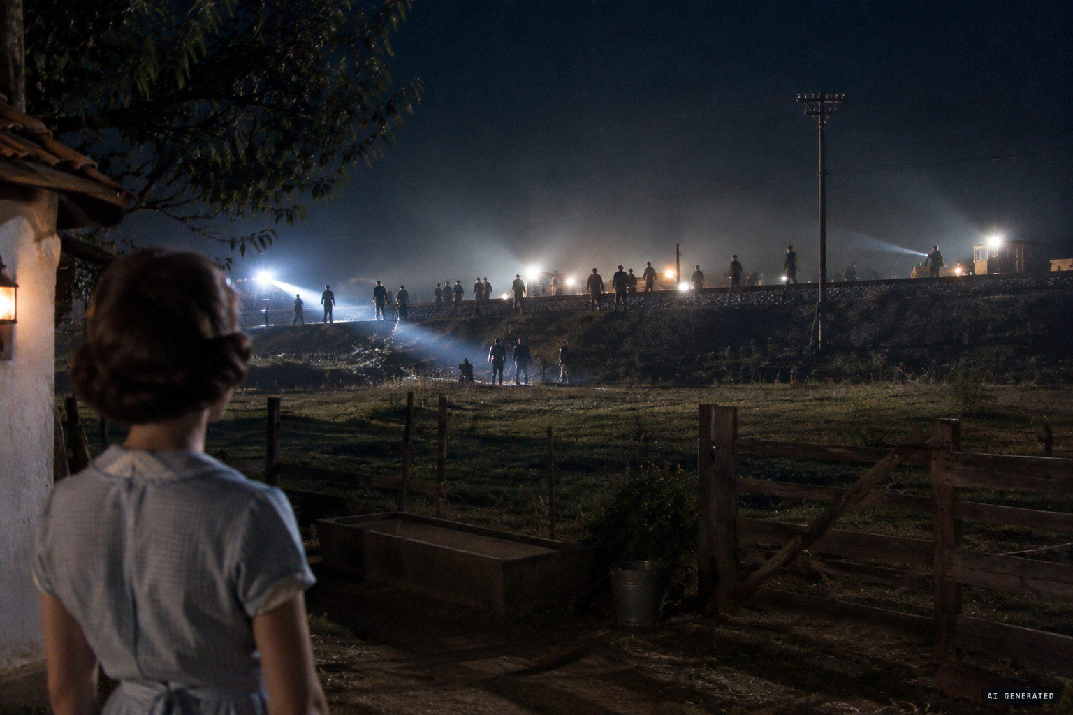 The maid sees blinking lights and some forty silhouettes on the railway line