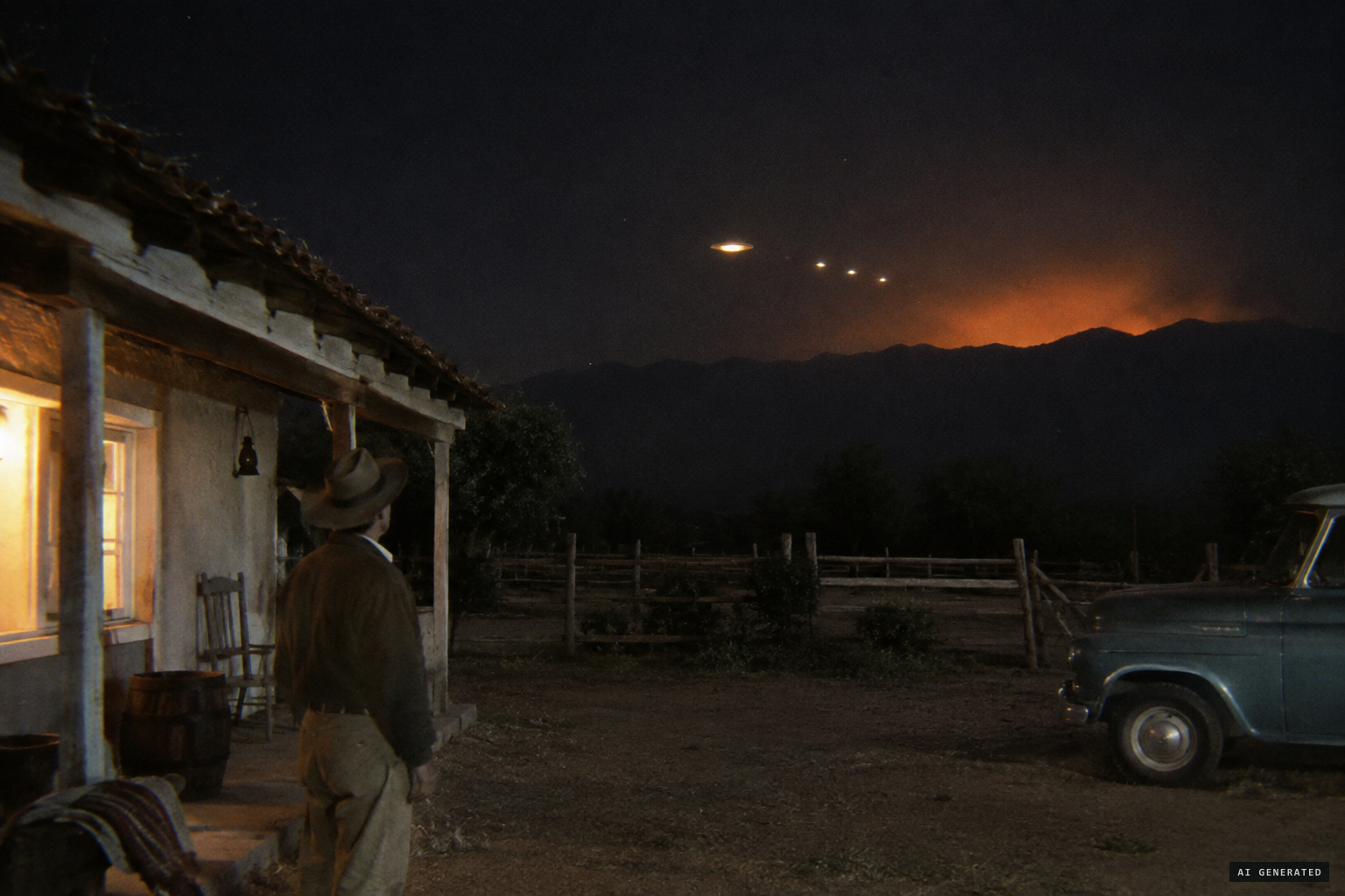 Object F and the others depart toward the Sierra de Medina, leaving an orange glow