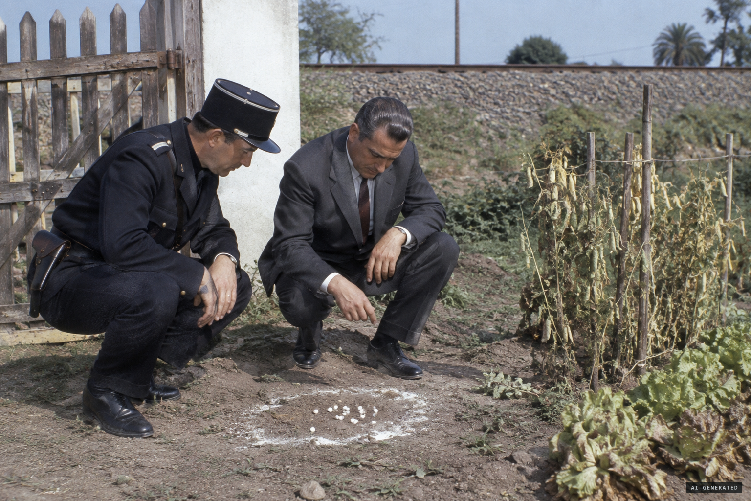 Police record the circle of white spheres and dust left under object F