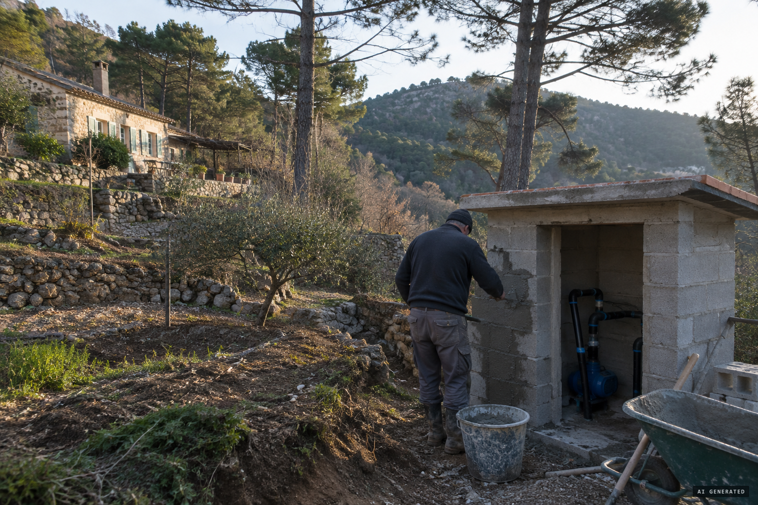 Renato Nicolaï's property at Trans-en-Provence, where he was building a cement pump shelter