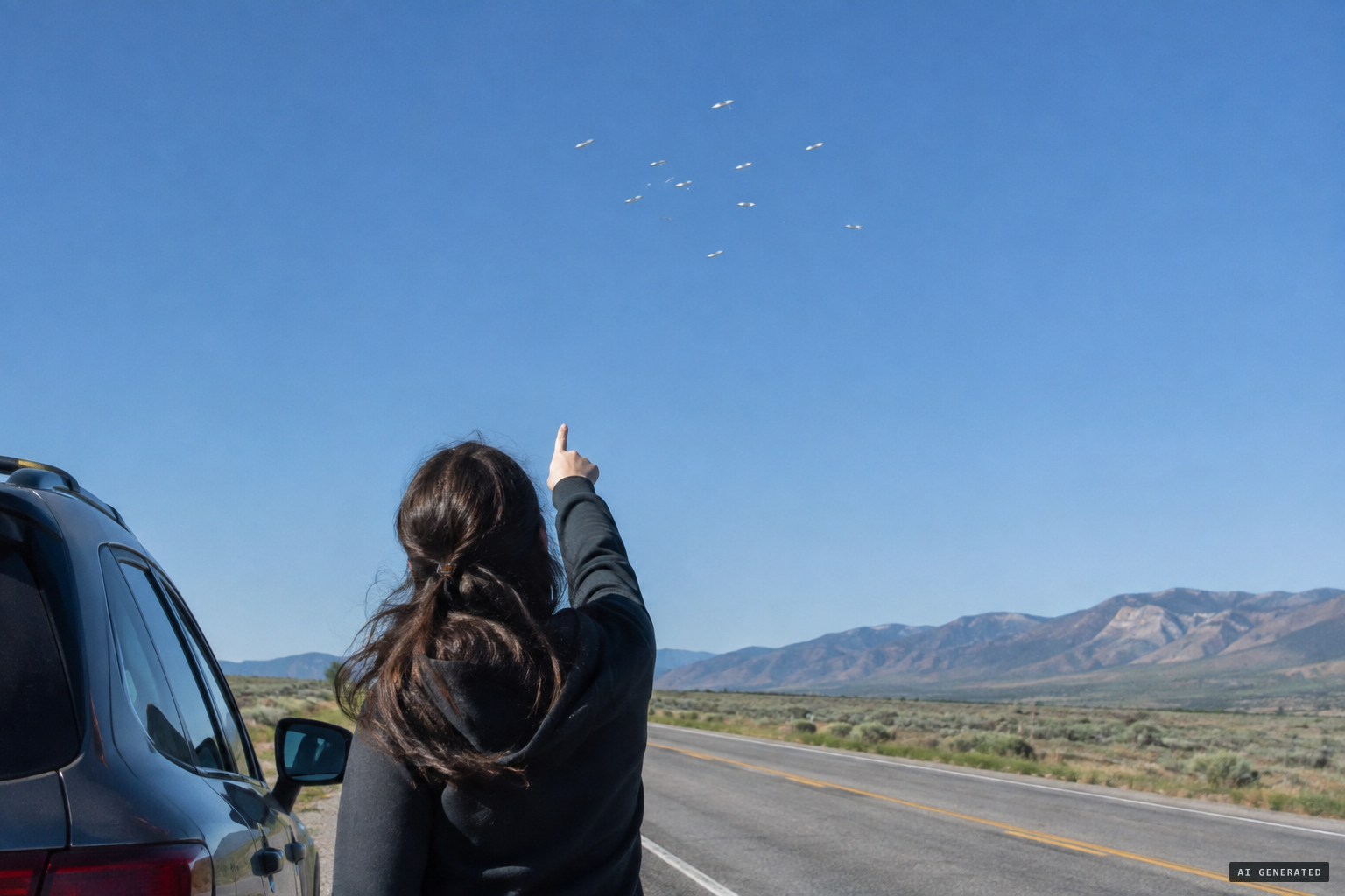 Near Tremonton, Norma Newhouse spots a group of silvery objects in a clear sky