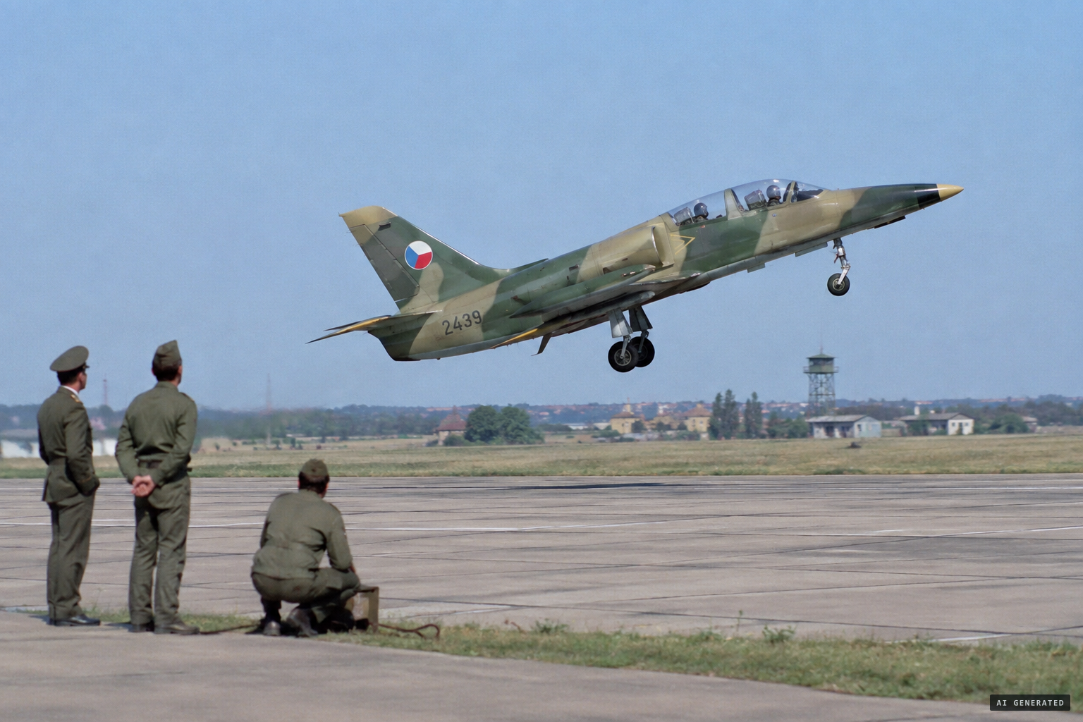 An L-39 Albatros goes up from the airfield at Žatec