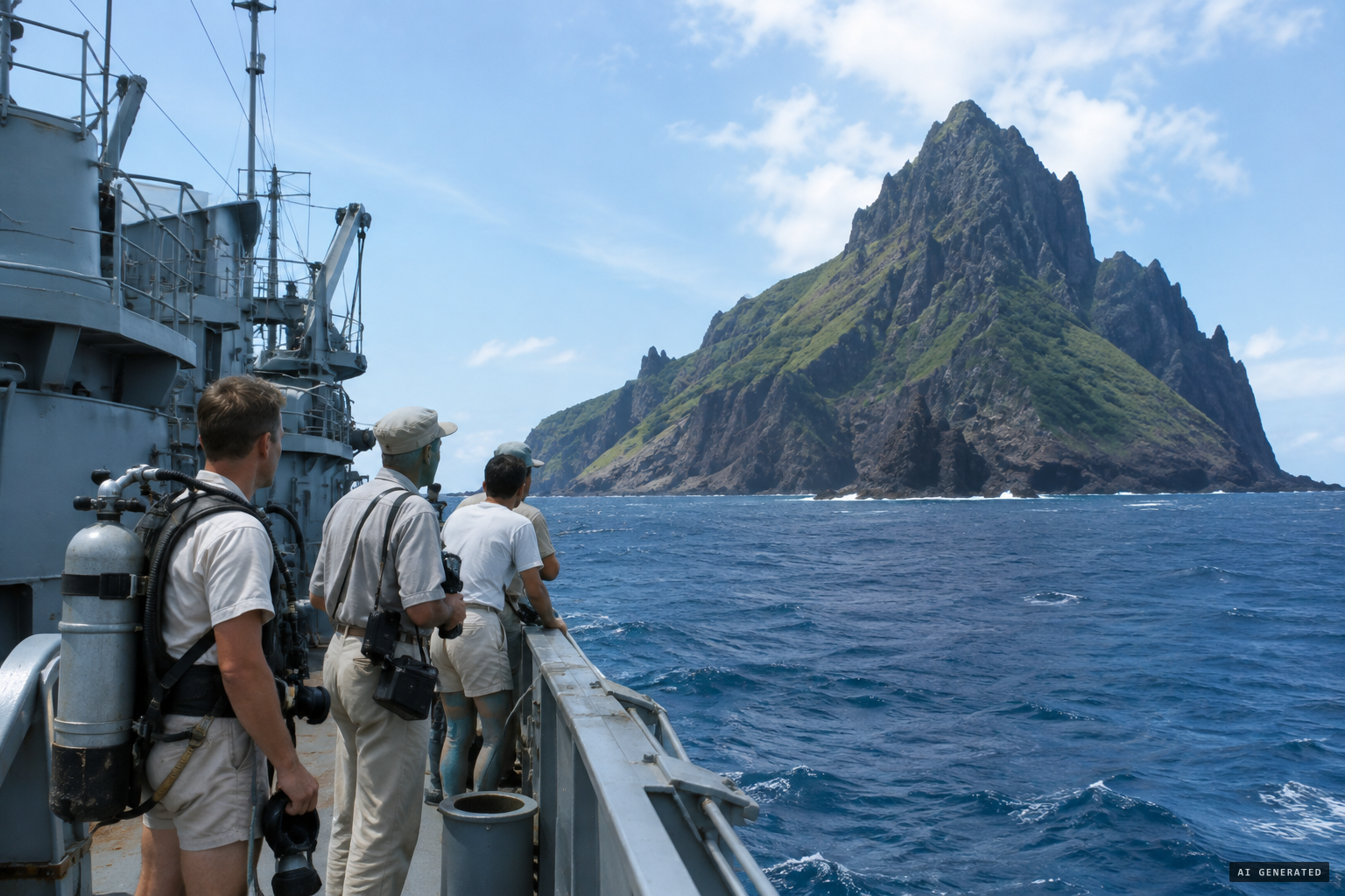 The Brazilian Navy ship Almirante Saldanha anchored off Ilha da Trindade, January 1958