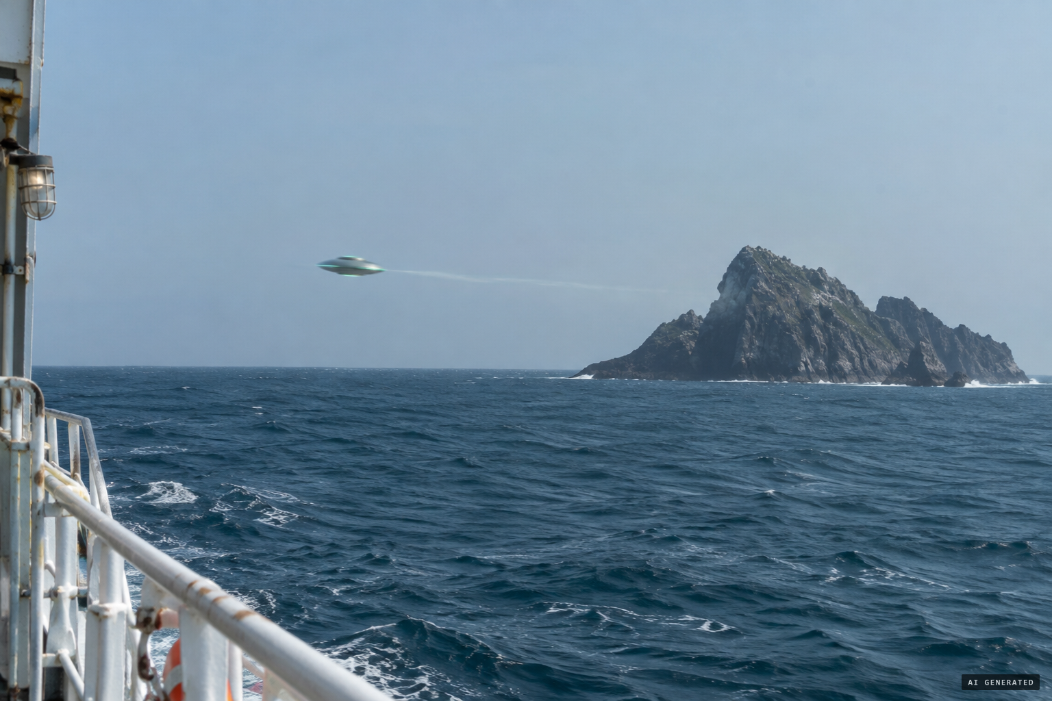 The ringed, ash-coloured object moves over the sea toward the Galo Crest, trailing white vapour