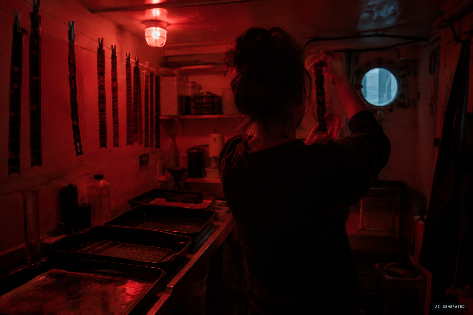 The film is developed on board in an improvised darkroom
