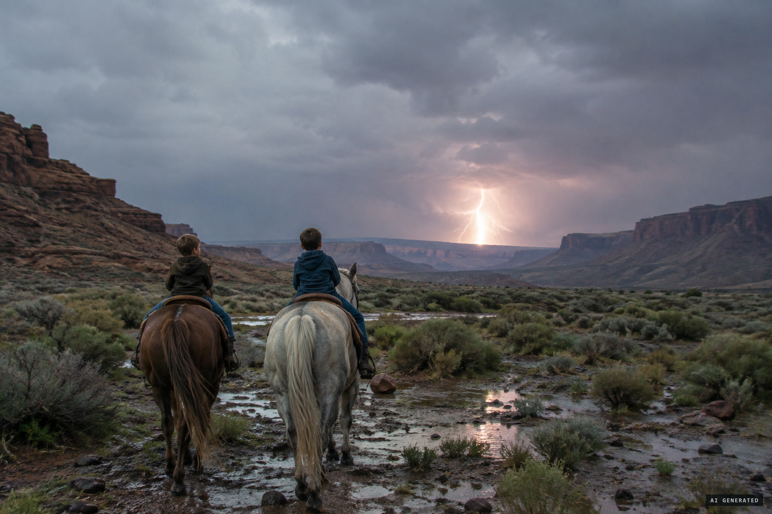 Two boys on horseback see a brilliant light after the storm