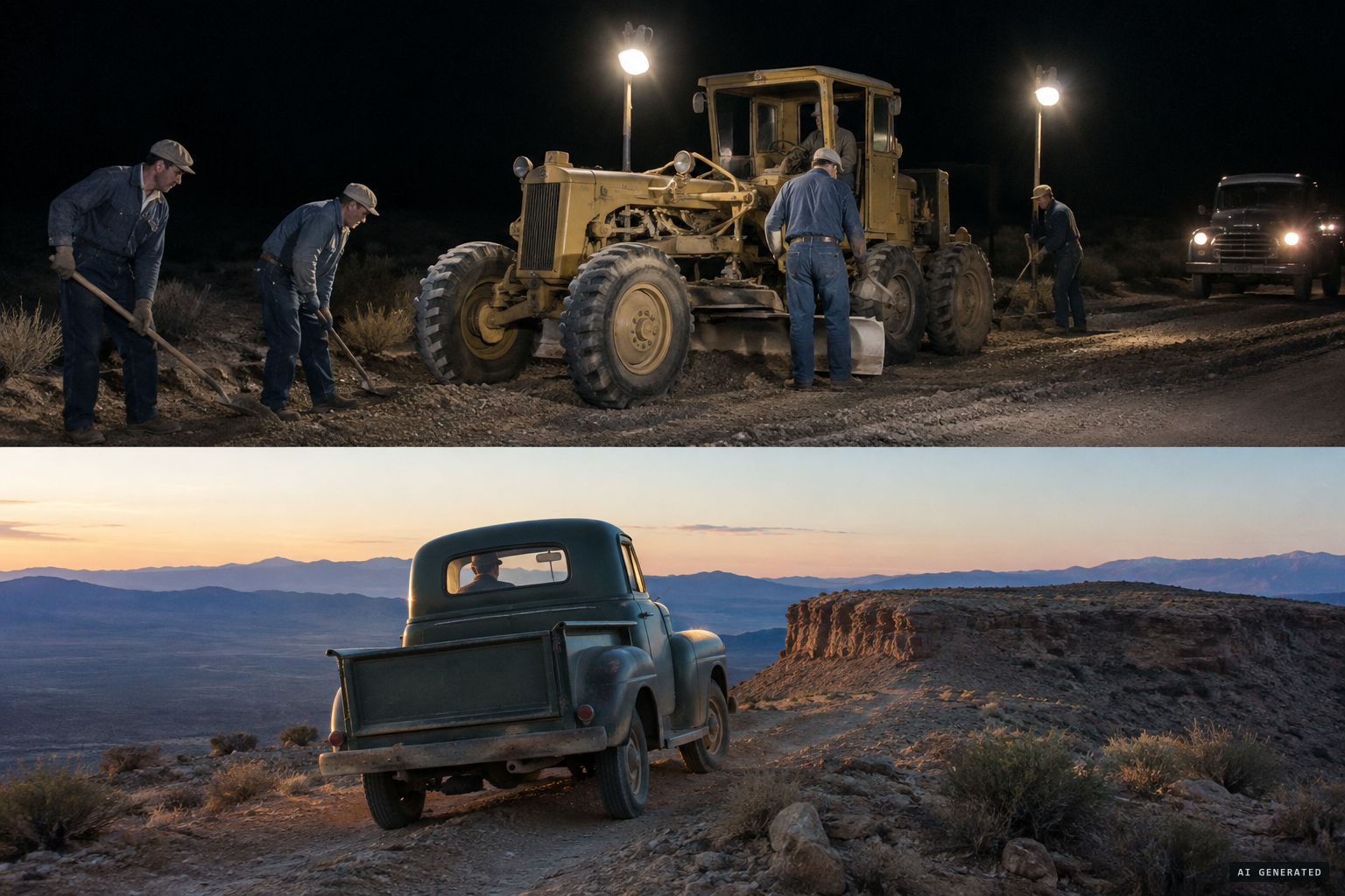 Mechanic Truman Bethurum parks his pickup on Mormon Mesa after a night shift on Highway 91