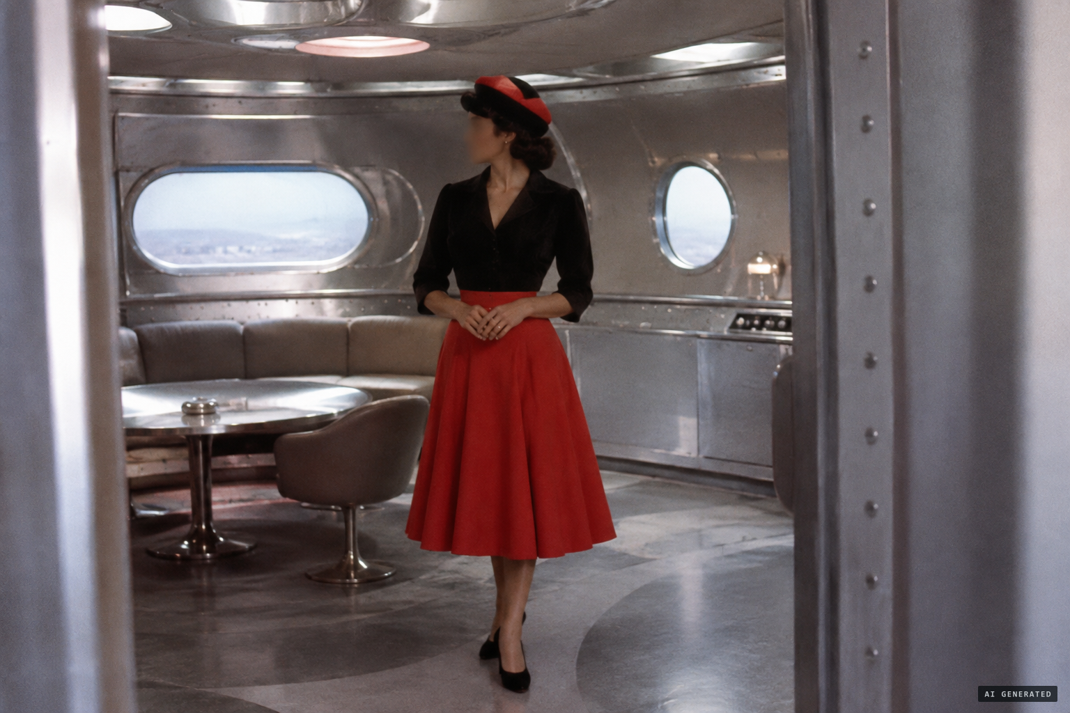Captain Aura Rhanes in her red skirt and black velvet blouse