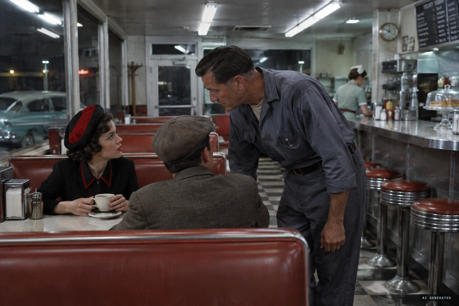At a Glendale diner, Bethurum approaches a tiny woman in a black and red beret