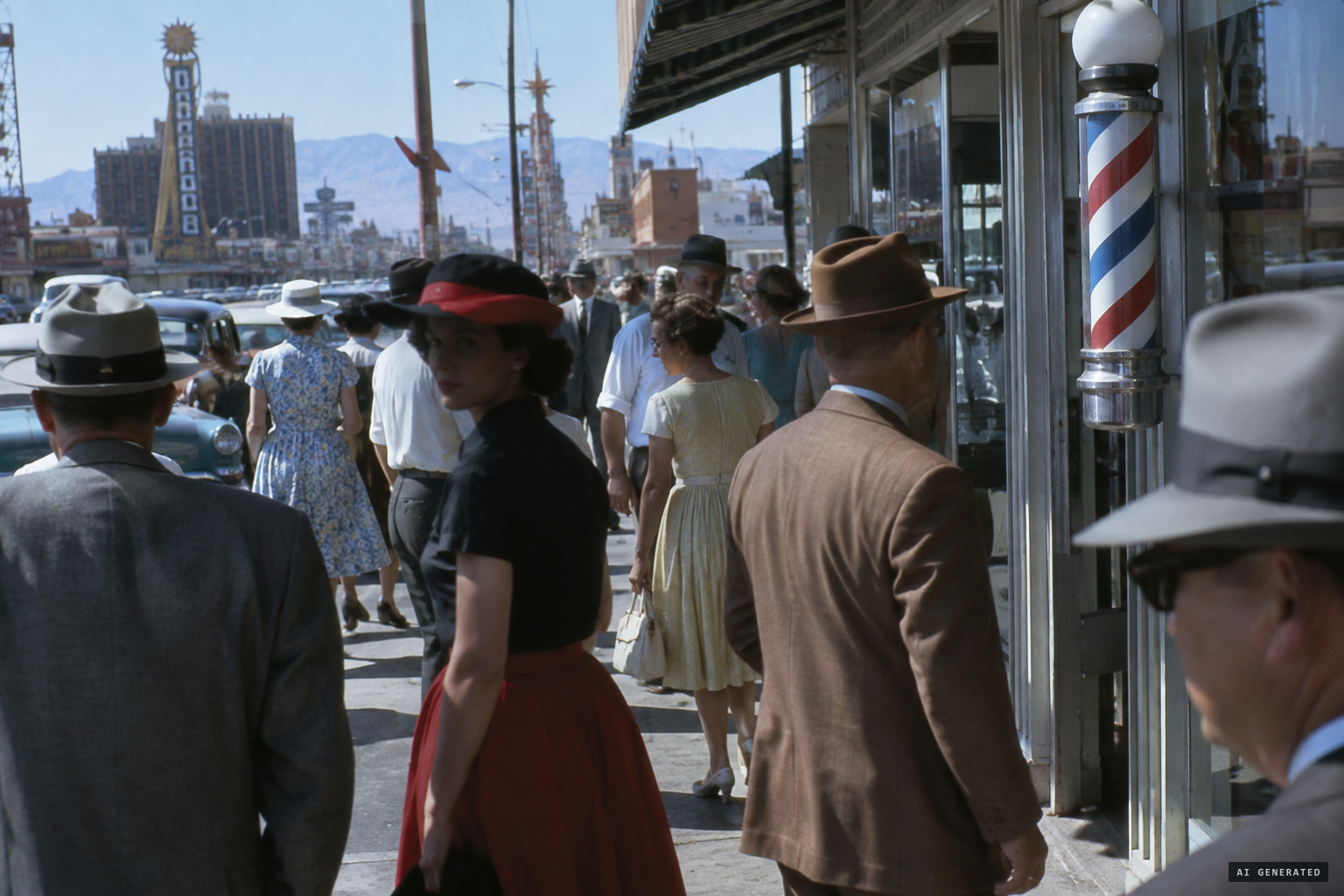 Outside a Las Vegas barber shop, the woman gives a stone-cold look