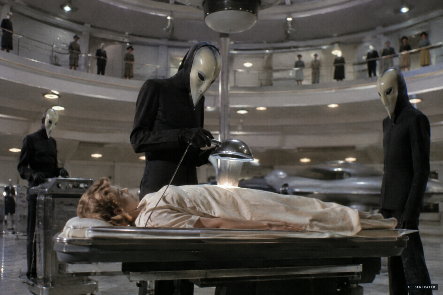 Inside one giant room, slender beings examine Sara with a scanner