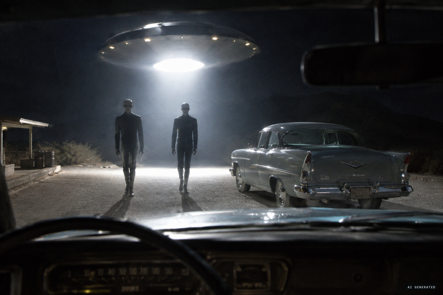 Jan and Emily paralyzed at a rest area as tall black-clad entities approach