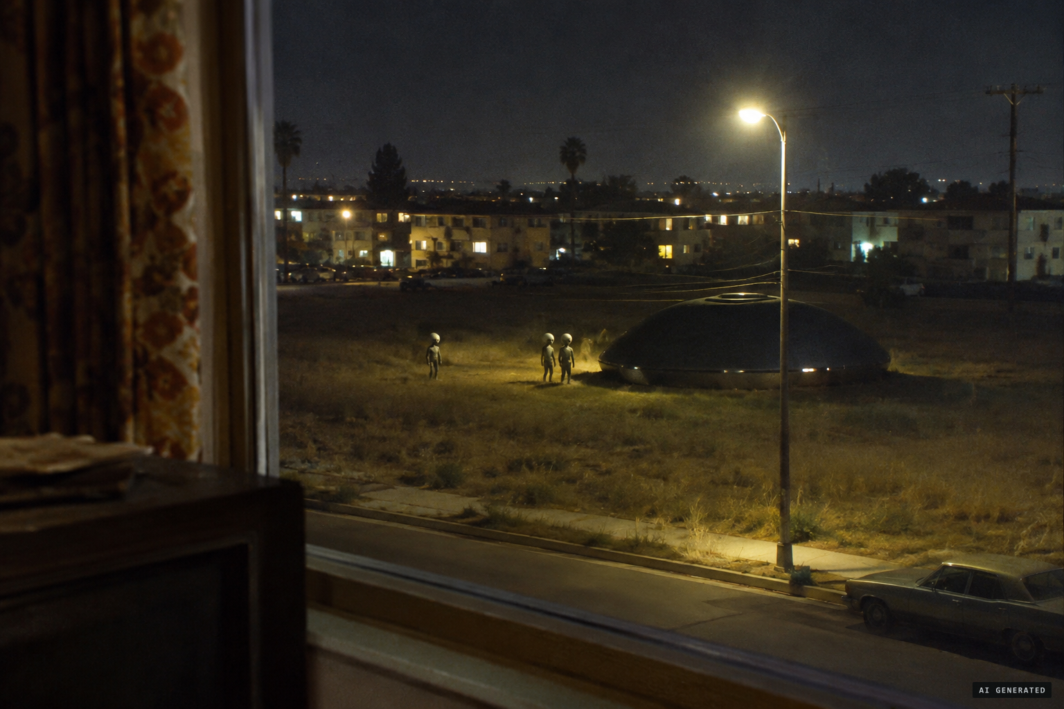A dark dome-shaped object and small domed-headed beings in the field next door