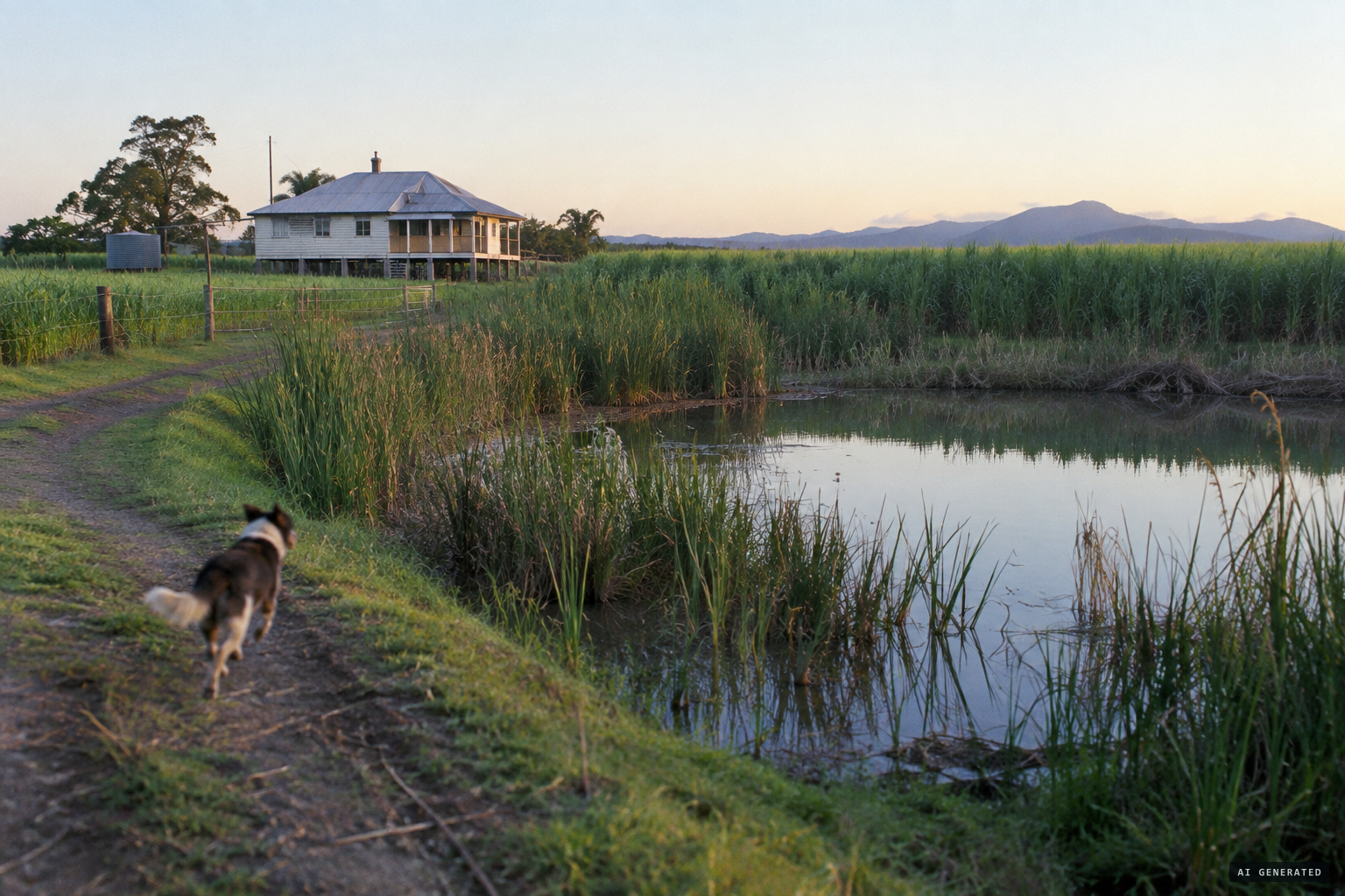 At dawn a farm dog races off towards Horseshoe Lagoon on the Pennisi cane farm.