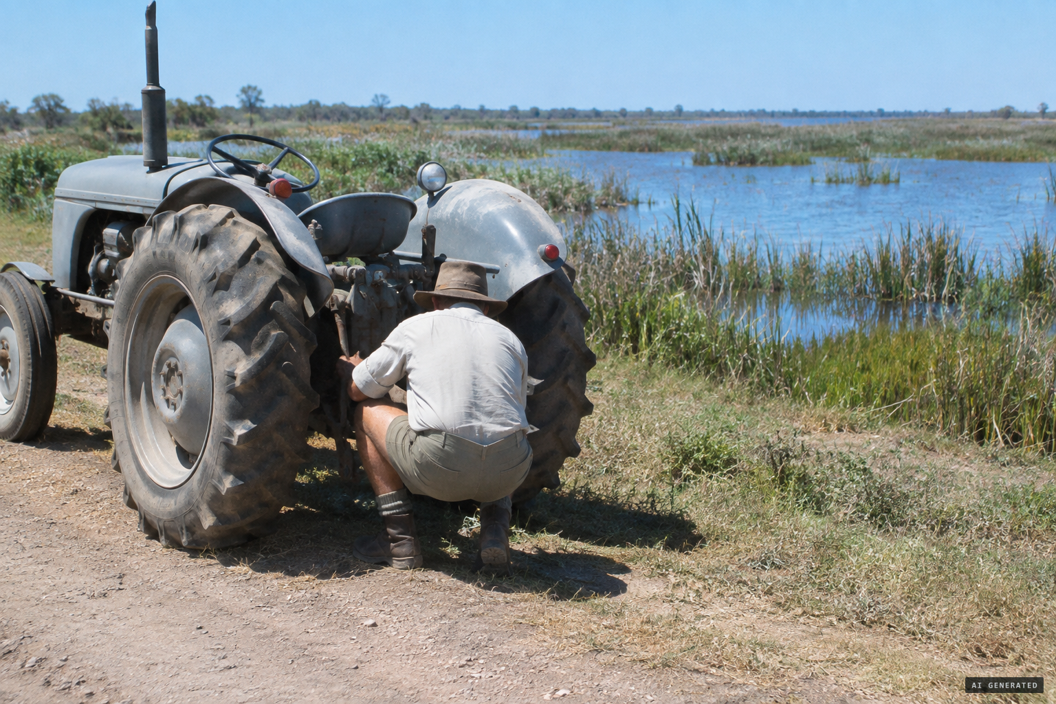 George Pedley hears a loud hissing and gets off his tractor to check for a puncture.