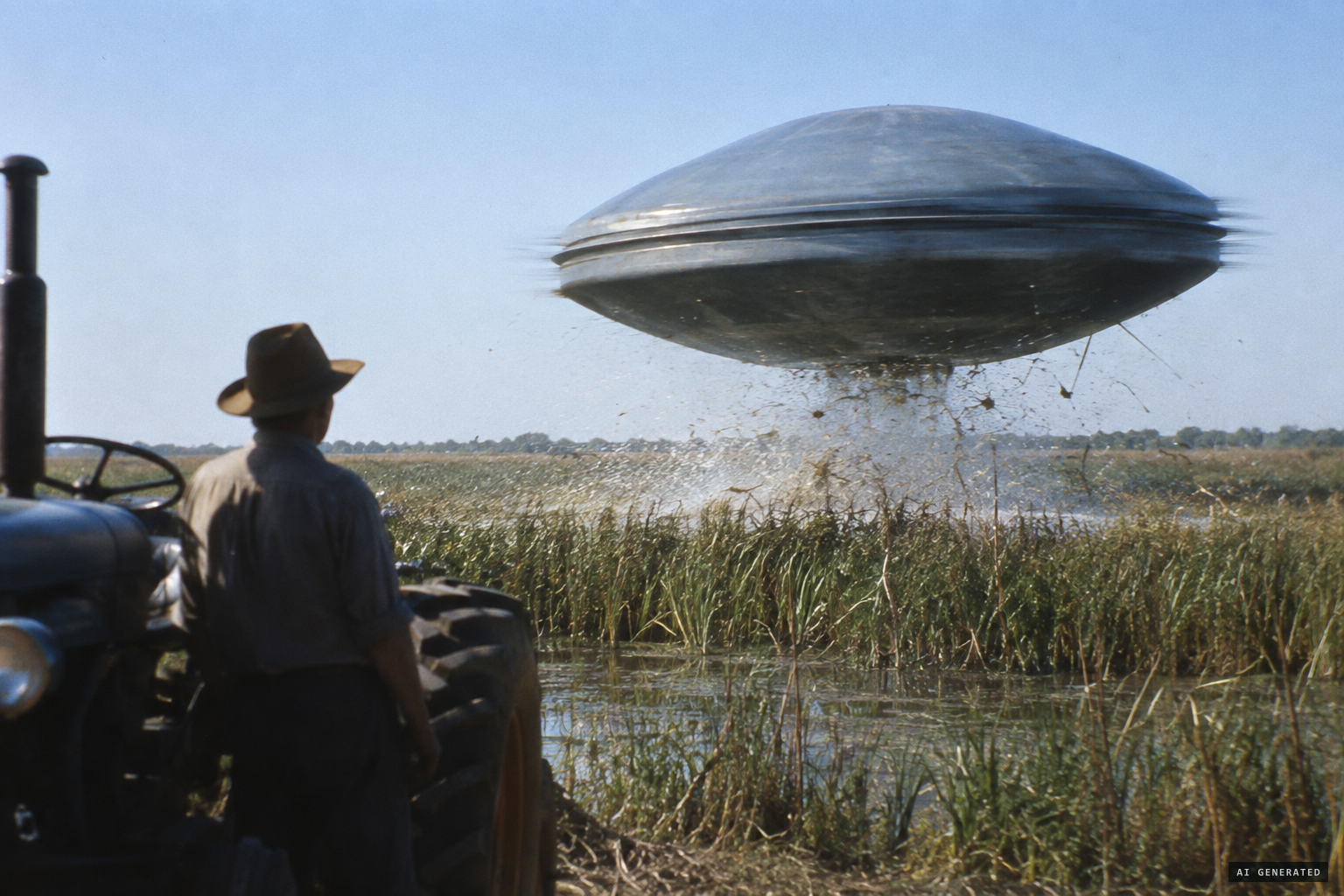 A grey saucer-shaped object rises out of the swamp, spinning very fast.