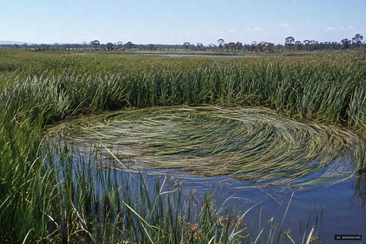 The 'saucer nest': reeds flattened in a clockwise circle on the lagoon's water.