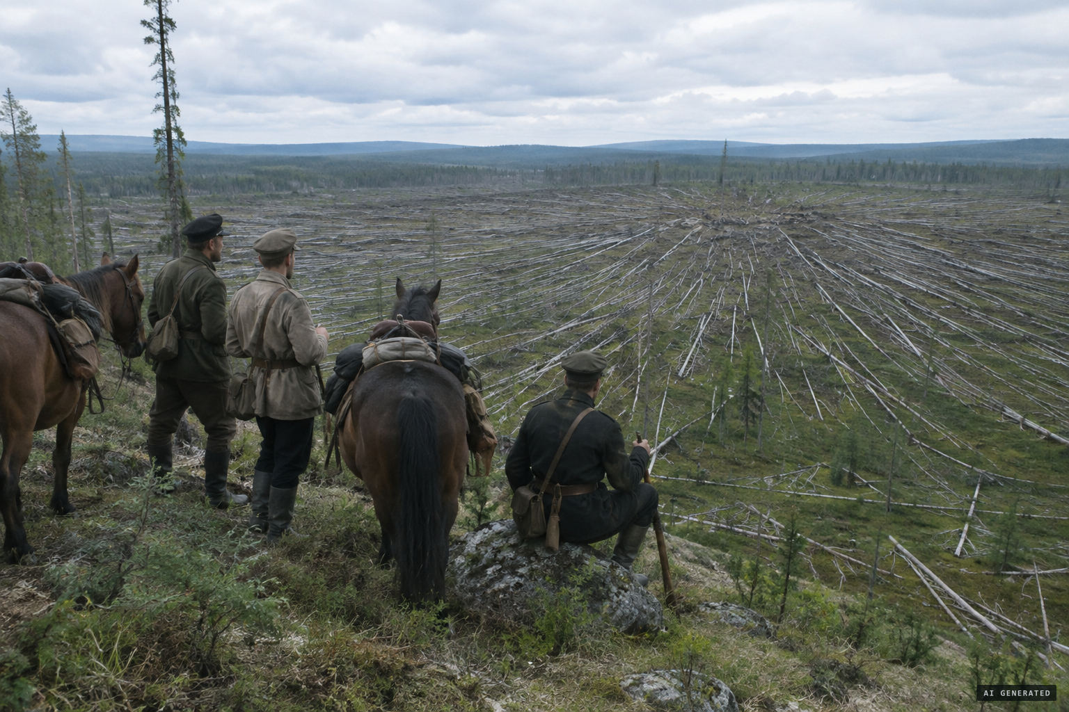 Kulik's expedition finds vast stretches of forest flattened in a radial pattern