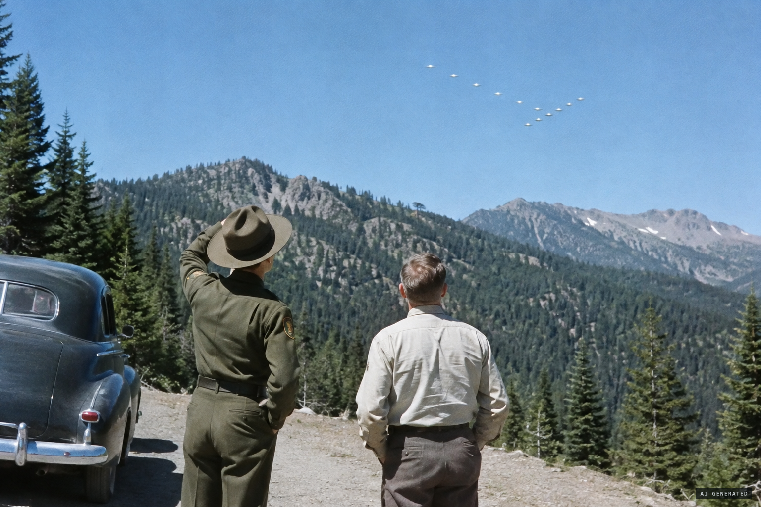 A forest ranger and a companion watch discs in a V-formation over Galena Summit