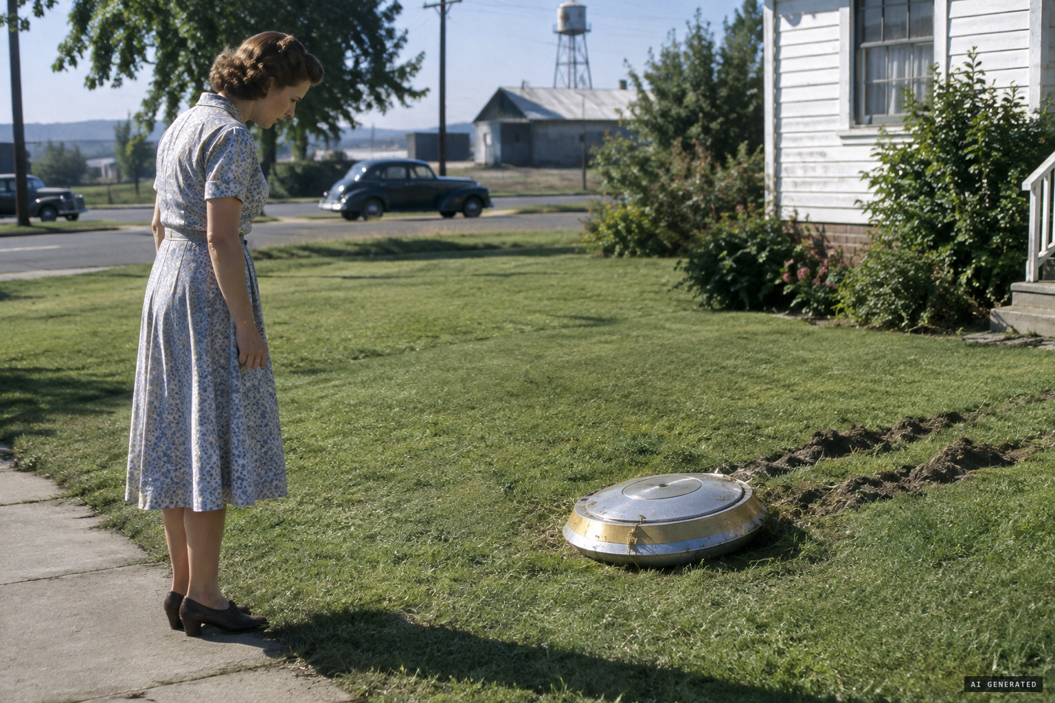 Mrs. Fred Easterbrook finds a crashed saucer on the Thompson lawn