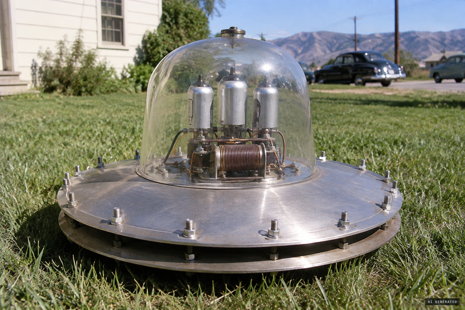 The 30½-inch disc: a Plexiglas dome holding three silver radio tubes, held together with stove bolts