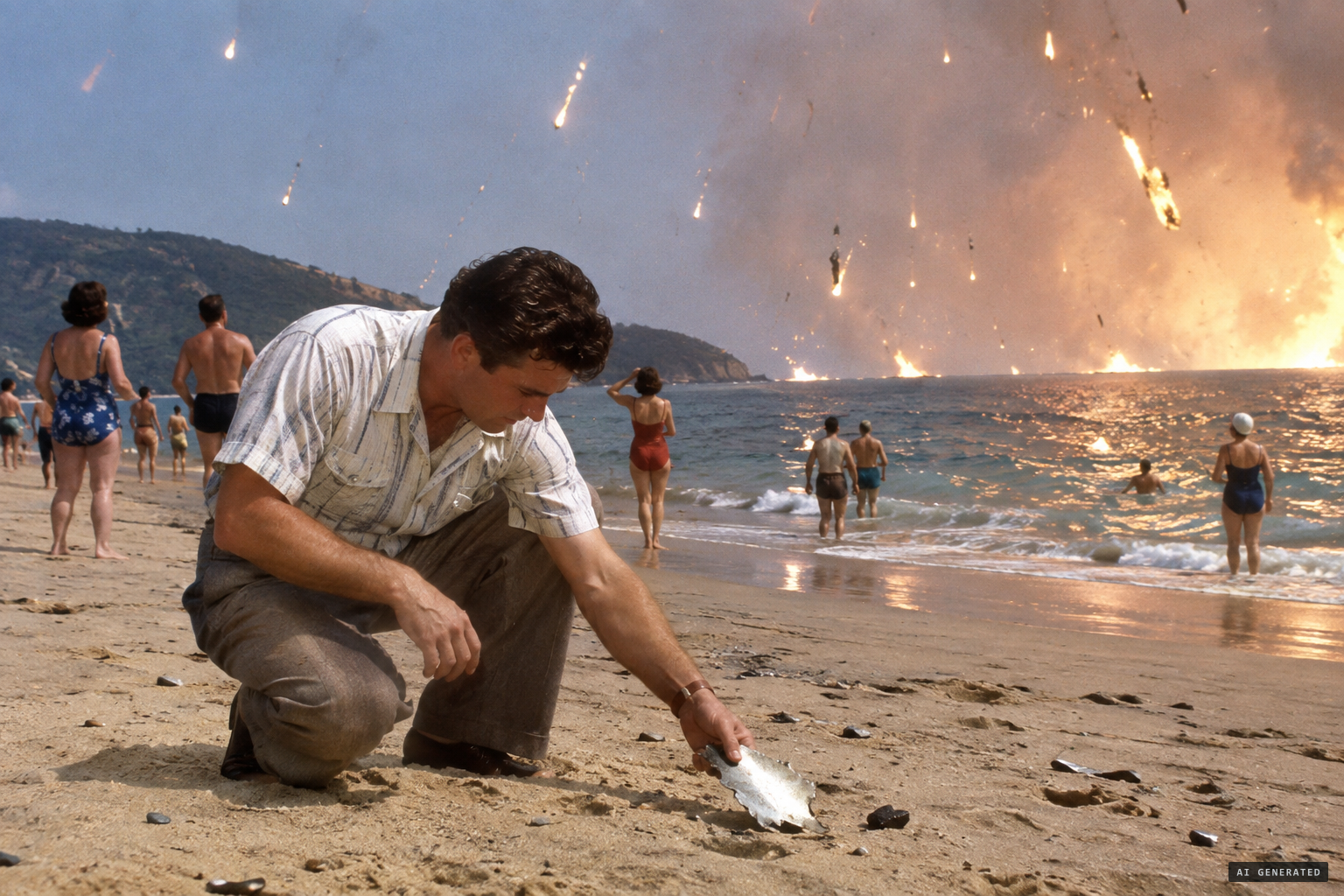 Burning fragments land near bathers, and the writer gathers a sample