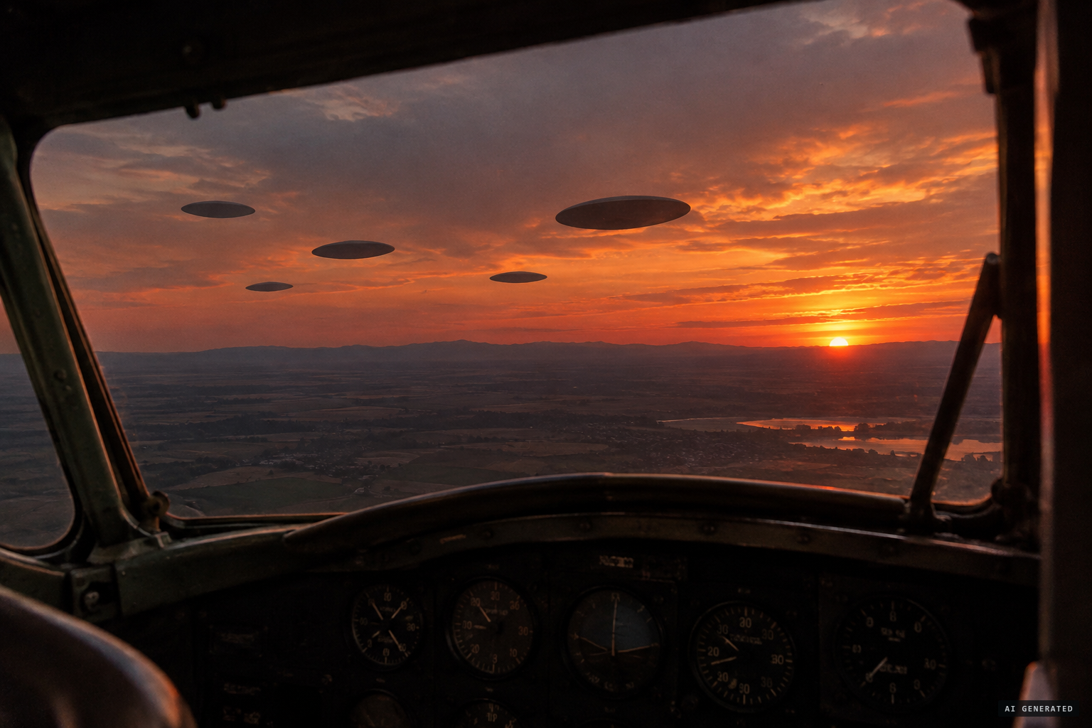 Five flat, circular objects silhouetted against the sunset, flying parallel to the airliner