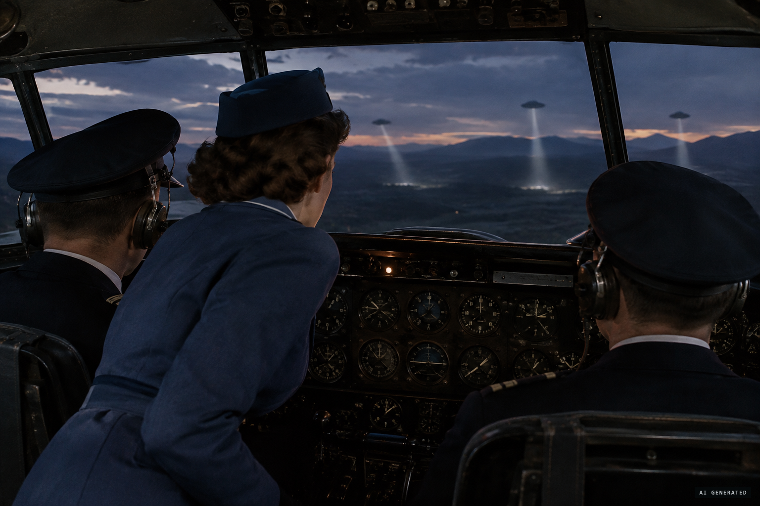 Stewardess Marty Morrow is called forward as Stevens switches on the landing lights