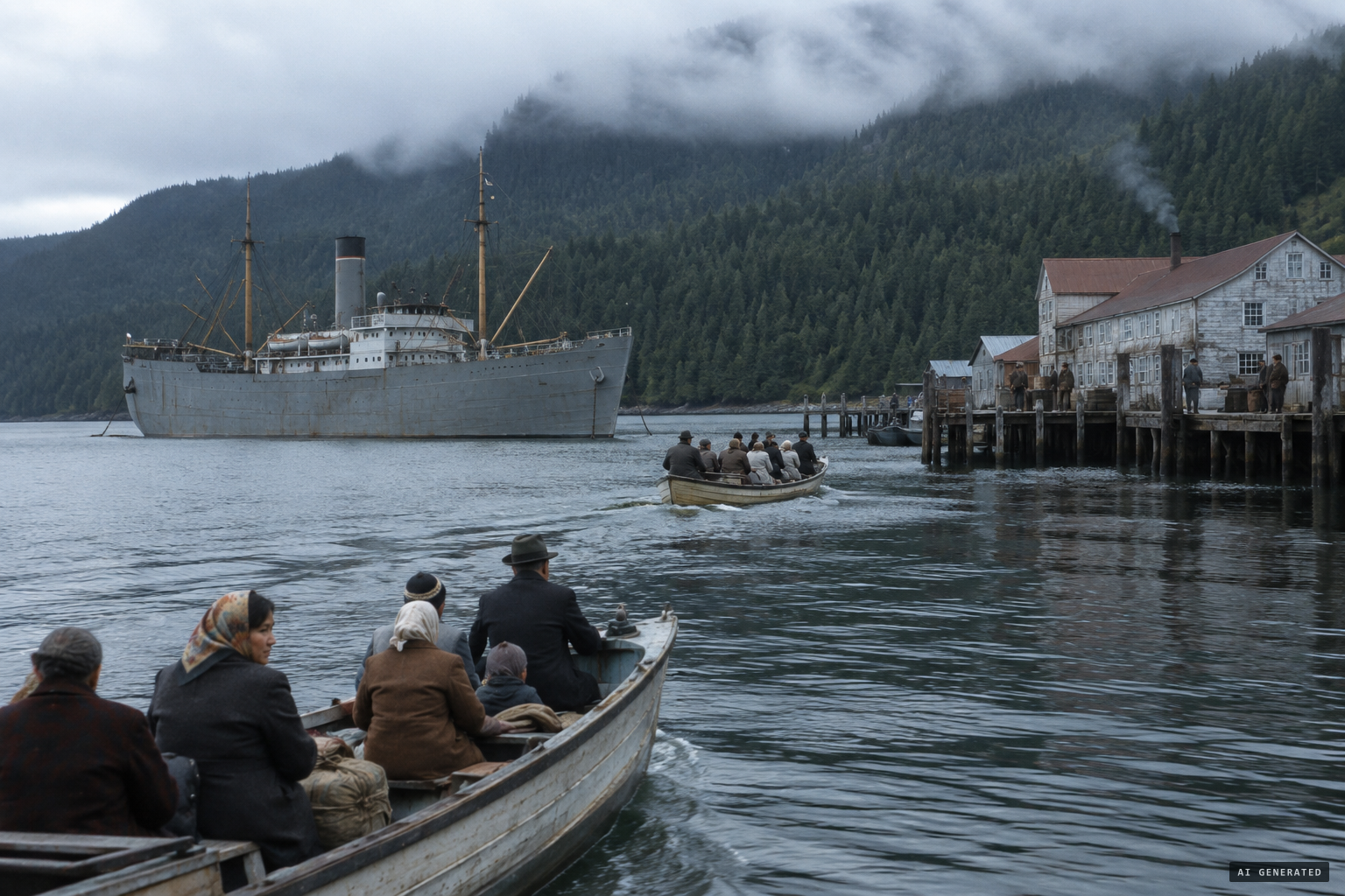 The Delarof evacuates Unangax̂ residents of the Pribilof Islands to Funter Bay