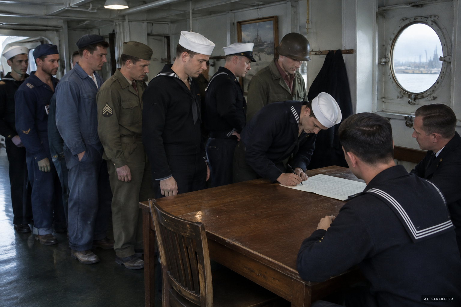 Fourteen crewmen sign a summary of the sighting on reaching Seattle