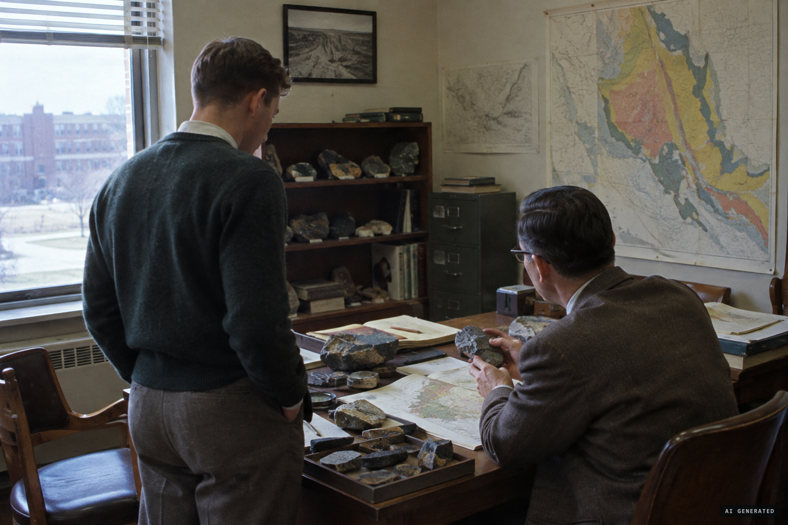 Crawford tells his story to Prof. Kohanowski of the Geology Department