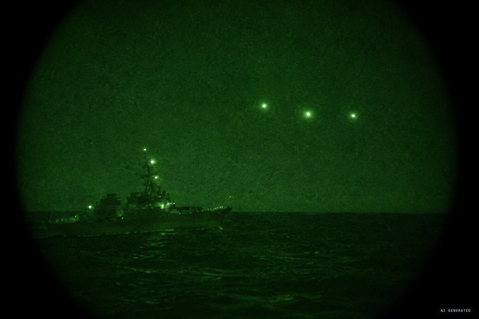 Through night-vision gear, three faint orbs hang in the dark sky